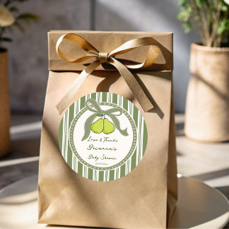 Pear sage green retro stripes baby shower favor classic round sticker