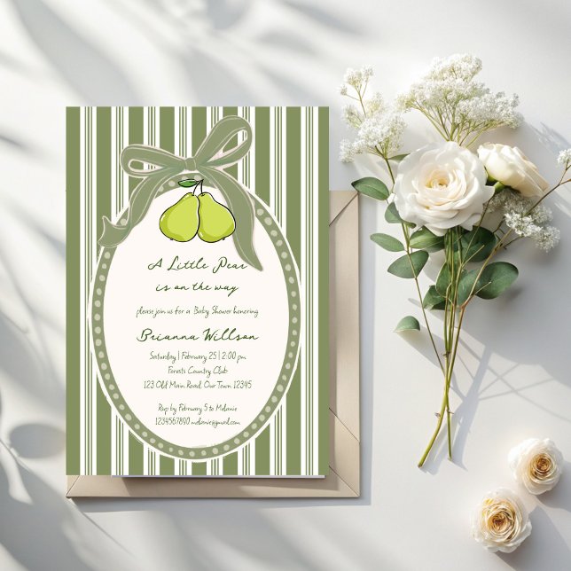 Pear sage green retro stripes baby shower invitation (Pear vintage sage green retro stripes preppy baby shower invitation cards template)