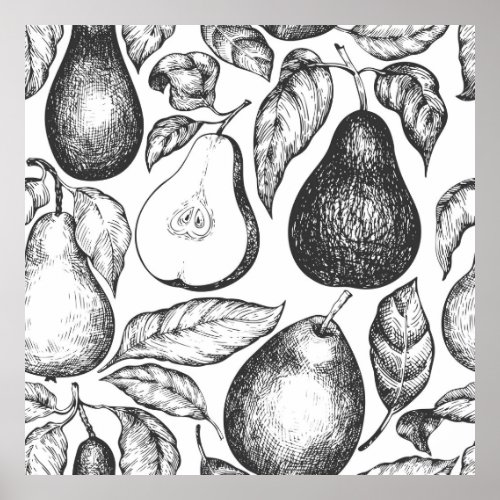 Pear seamless pattern Hand drawn vintage garden f Poster