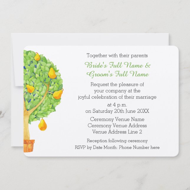 Pear Tree Flat 5x7" Wedding Invitation Card (Front)
