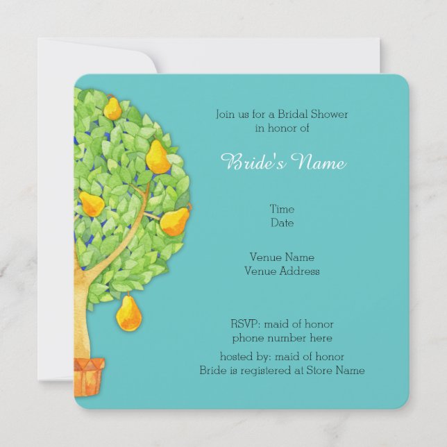Pear Tree teal Square Bridal Shower Invitation (Front)