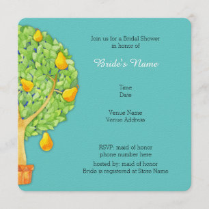 Pear Tree teal Square Bridal Shower Invitation
