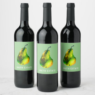 Pear watercolor green fruit wine label