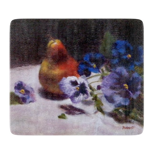 Pear with Pansies Glass Cutting Board (Front)