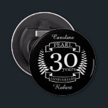 Pearl 30th wedding anniversary 30 years bottle opener<br><div class="desc">A design to celebrate 30 years of marriage. This design has a white colored laurel design on a black background. Pearl is the traditional gift for this occasion. The text reads pearl 30 years anniversary. A romantic design to celebrate your 30th year of marriage. If you would like any help...</div>