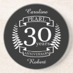 Pearl 30th wedding anniversary 30 years coaster<br><div class="desc">A design to celebrate 30 years of marriage. This design has a white colored laurel design on a black background. Pearl is the traditional gift for this occasion. The text reads pearl 30 years anniversary. A romantic design to celebrate your 30th year of marriage. If you would like any help...</div>