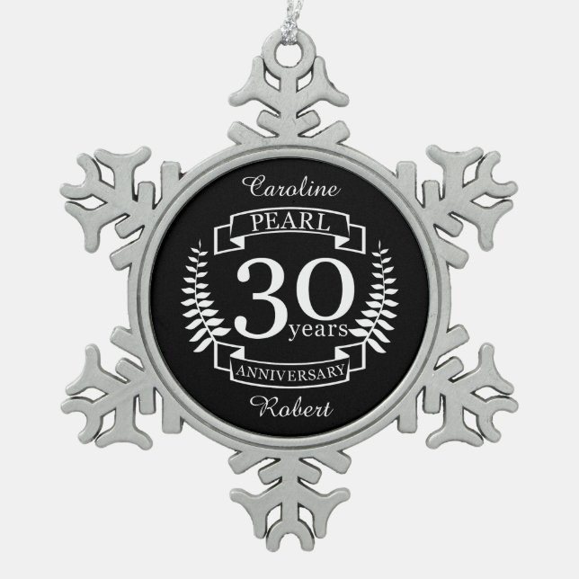 Pearl 30th wedding anniversary 30 years snowflake pewter christmas ornament (Front)