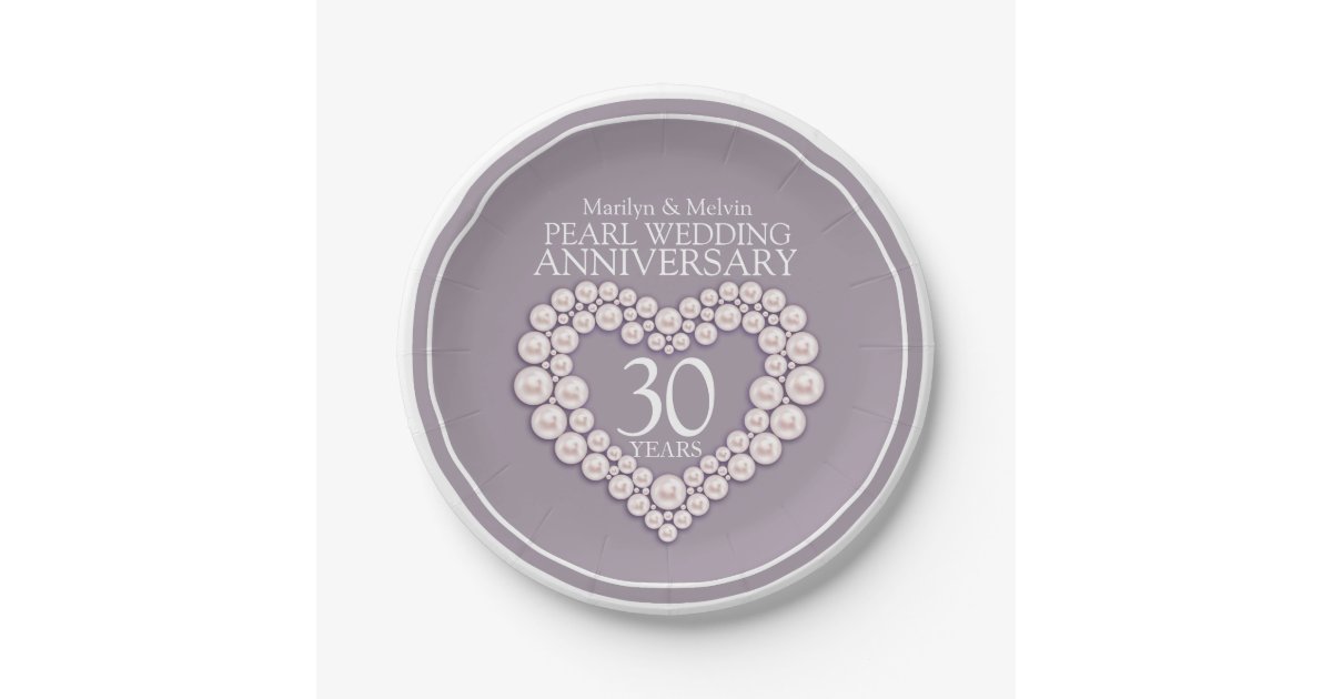Pearl 30th wedding anniversary custom heart paper plates | Zazzle