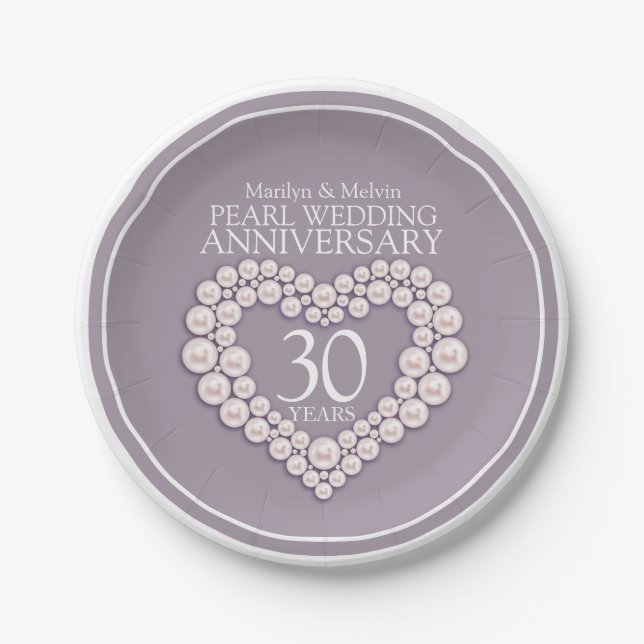 Pearl 30th wedding anniversary custom heart paper plates (Front)