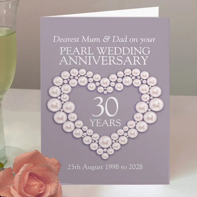 Biglietto di auguri per il trentesimo anniversario di matrimonio, con perla e scritta in lingua inglese Ostriche con perle, bolla di discorso blu, per trent'anni