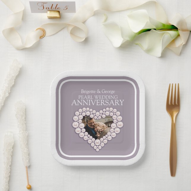 Pearl 30th Wedding Anniversary photo heart Paper Plates (Wedding)