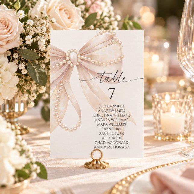 Pearl and Bow Table Number Seating Chart ("Table 7" seating card with pearl and blush bow design, guest names listed)