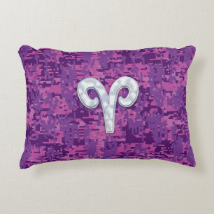 Pearl Aries Zodiac Sign on Pink Digital Camo Decor Decorative Pillow