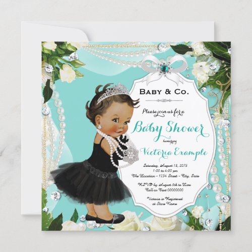 Pearl Baby  Co Black Teal Ethnic Baby Girl Shower Invitation