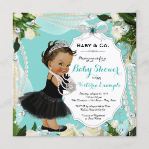 Pearl Baby & Co Black Teal Ethnic Baby Girl Shower Invitation