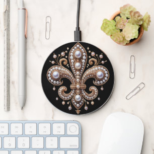 PEARL BEAD LOOK MARDI GRAS FLEUR DE LIS WIRELESS CHARGER 