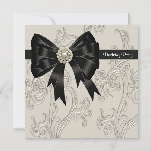 Pearl Black and Cream Swirl Birthday Party Invitation