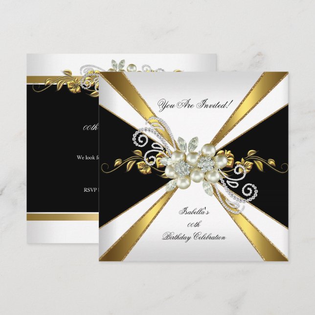 Pearl Black Gold Silver Diamond Birthday Party 2 Invitation (Front/Back)