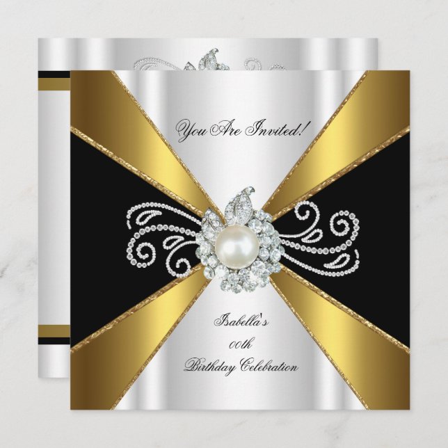 Pearl Black Gold White Diamond Birthday Party Invitation (Front/Back)