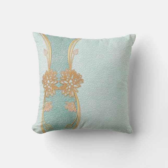 Pearl Blue Golden Leaf Floral Scrapbook Throw Pillow (Front)