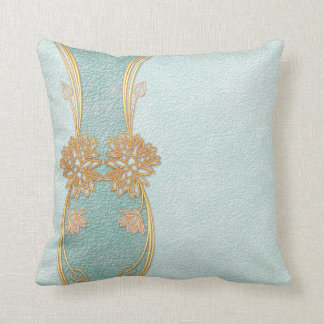 Pearl Blue Golden Leaf Floral Scrapbook Throw Pillow