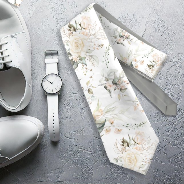 Pearl Blush Floral Elegance Pattern Sage ID989 Neck Tie (Creator Uploaded)