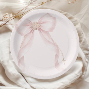 Pearl Blush Pink Bow Gold Cross Baptism Paper Plates
