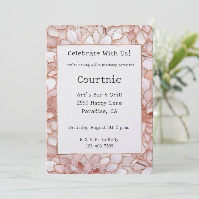Pearl Blush Pink Rose Floral Birthday Invitation (Standing Front)