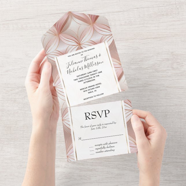 Pearl Blush Pink Rose Gold Abstract Wedding All In One Invitation (Tearaway)