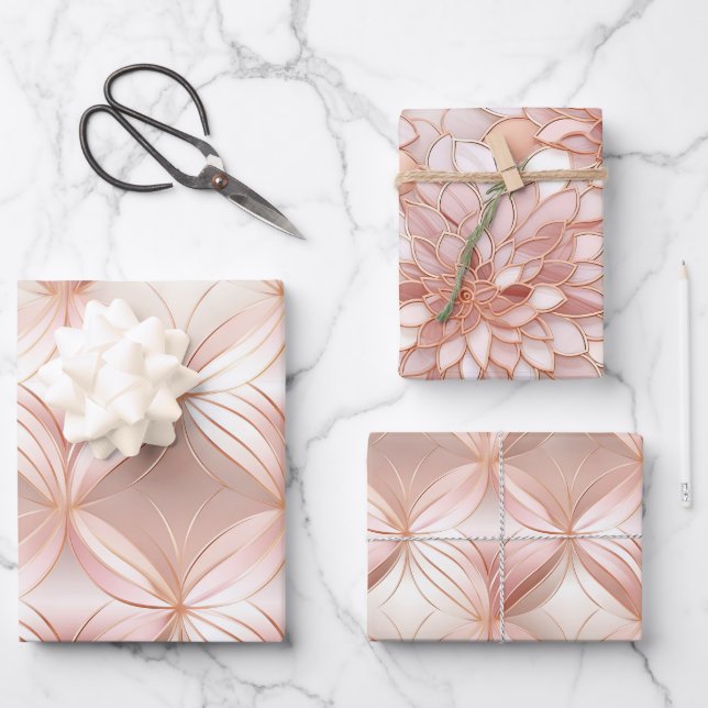 Pearl Blush Pink Rose Gold Floral Wedding  Wrapping Paper Sheets (Front)