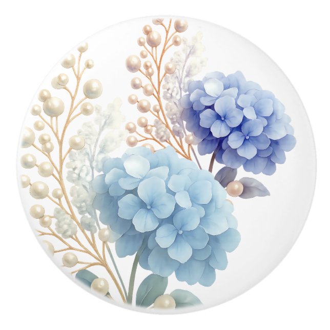 Pearl Blush Powder Blue Hydrangea Watercolor Ceramic Knob (Front)