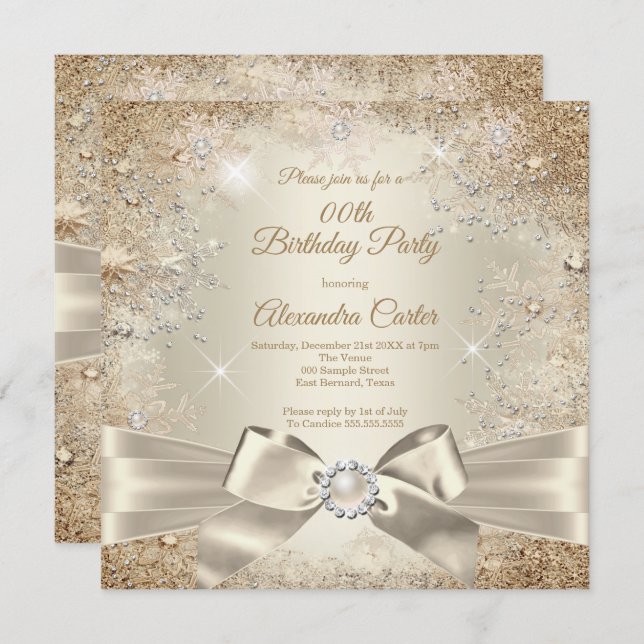 Pearl Bow Beige Cream Gold Snowflake Party Invitation (Front/Back)