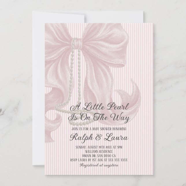 Pearl Bow Girl Baby Shower Invitation (Front)