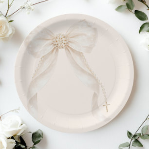 Pearl Bow Ivory Gold Cross Baptism Paper Plates