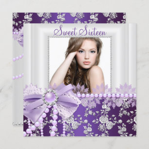Pearl Bow & Lace Purple Photo Sweet 16 Invitation