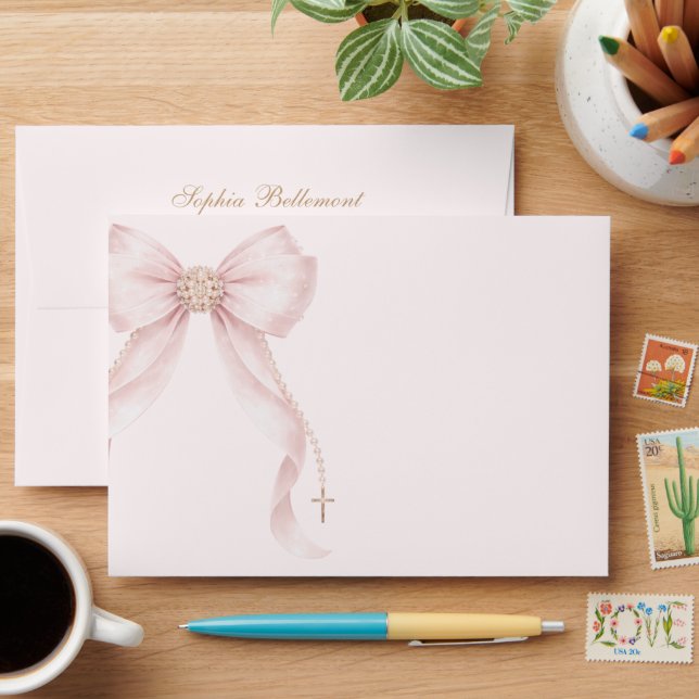Pearl Bow Pink Gold Cross Baptism Envelope (Desk)