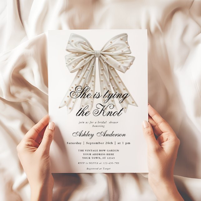 Pearl Bow She's Tying the Knot Bridal Shower Invitation (Creator Uploaded)