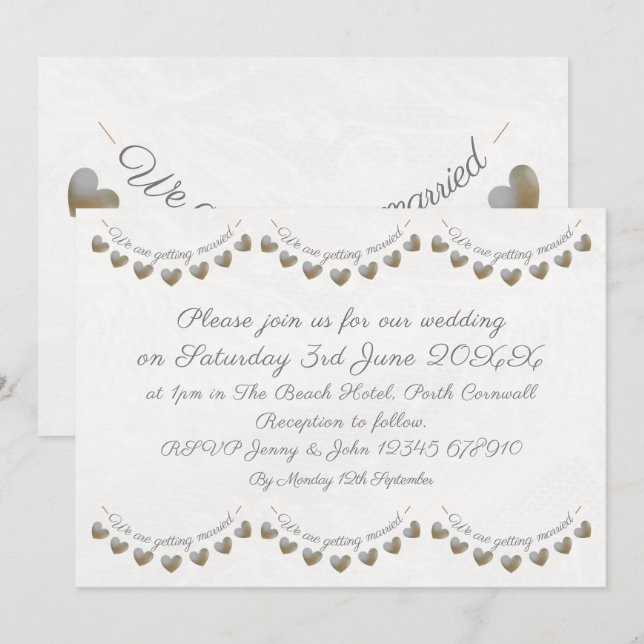 Pearl & cream lace heart bunting vintage wedding invitation (Front/Back)