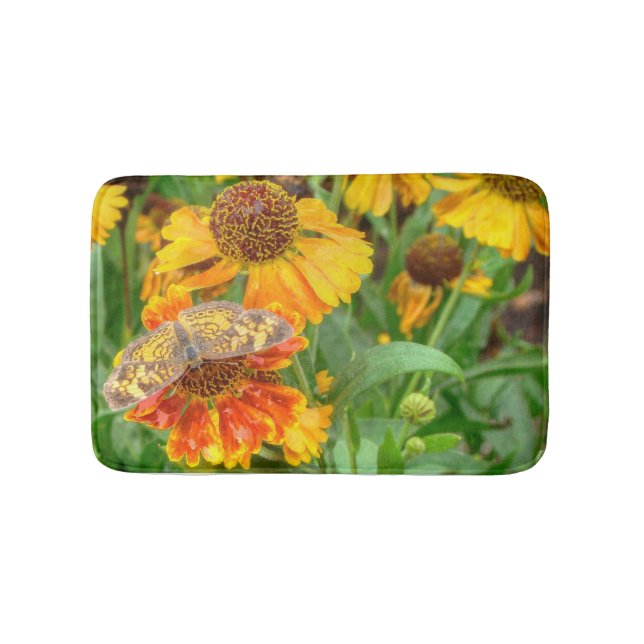 Pearl Crescent Butterfly on Sneezeweed Bathroom Mat (Front)