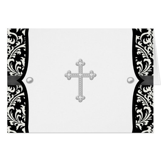 Pearl Cross and Black Damask Thank You Cards (Front Horizontal)