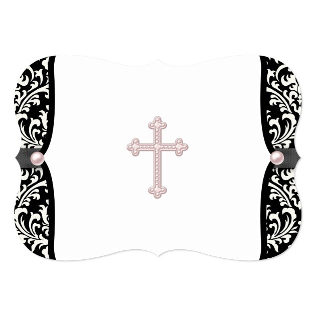 Pearl Cross Pink Black Damask Christening Invitation