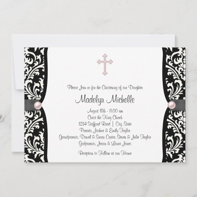 Pearl Cross Pink Black Damask Christening Invitation (Front)