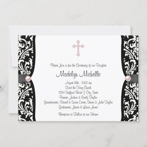 Pearl Cross Pink Black Damask Christening Personalized Invites