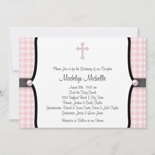 Pearl Cross Pink Black Damask Christening Announcements