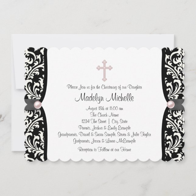 Pearl Cross Pink Black Damask Christening Invitation (Front)