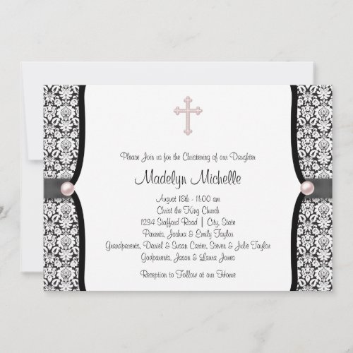 Pearl Cross Pink Black Damask Christening Announcements