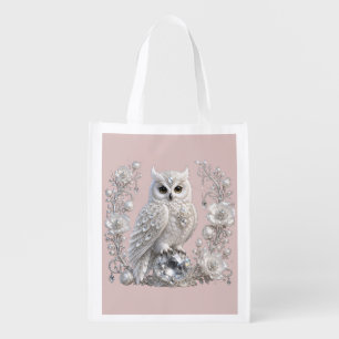 Pearl Crystal Owl Silver Floral Frame Grocery Bag