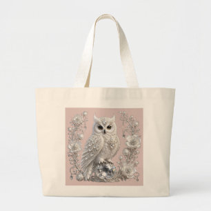 Pearl Crystal Owl Silver Floral Frame Large Tote Bag