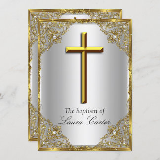 Pearl Damask Cross Baptism Silver Gold Invitation