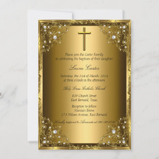 Pearl Damask & Cross Gold Baptism Invitation